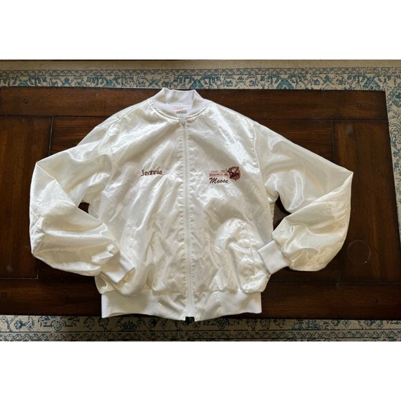 Vintage White Satin Moose Lodge Varsity Jacket Jeannie Embroidery Full Zip Large - Picture 12 of 12